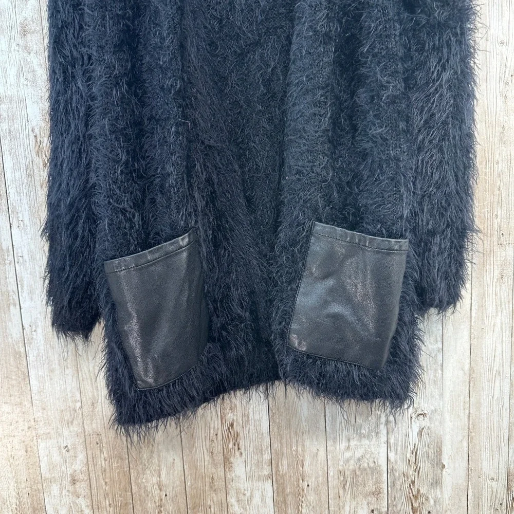 H&M Girls Black Fuzzy‎ 3/4 Lenght Cardigan Faux Leather Pockets Youth Size 8 10
